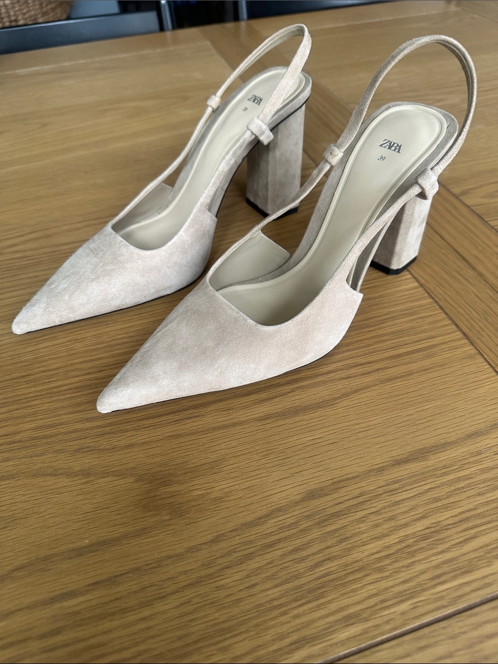 ZARA Beige Suede Pointed Slingback Block Heels
